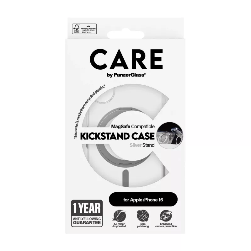 PanzerGlass CARE™ by ® caurspīdīgs maciņš ar sudraba statīvu un MagSafe iPhone 16
