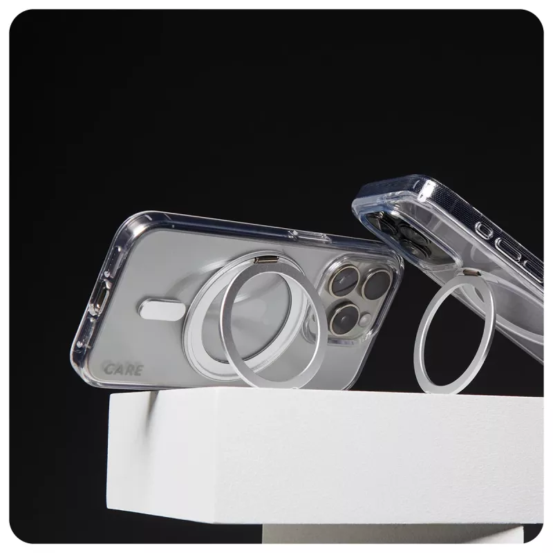 PanzerGlass CARE™ by ® caurspīdīgs maciņš ar sudraba statīvu un MagSafe iPhone 16