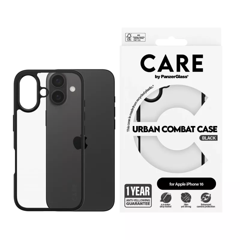 PanzerGlass CARE™ by ® Urban Combat Case caurspīdīgs ar melnu rāmi iPhone 16