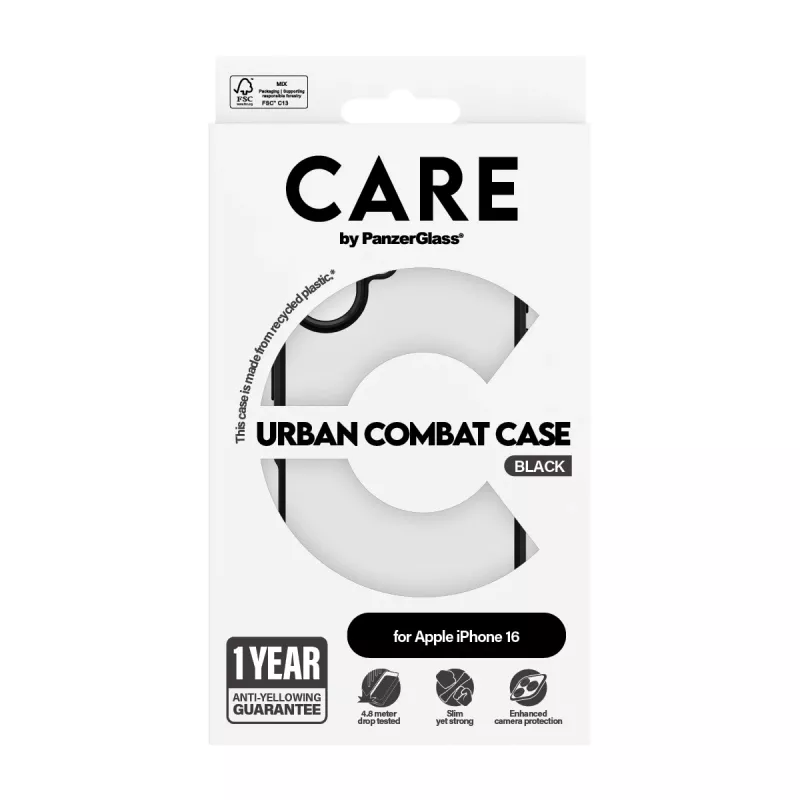 PanzerGlass CARE™ by ® Urban Combat Case caurspīdīgs ar melnu rāmi iPhone 16