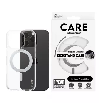 PanzerGlass CARE™ by ® Caurspīdīgs maciņš ar sudraba statīvu un MagSafe iPhone 16 Pro
