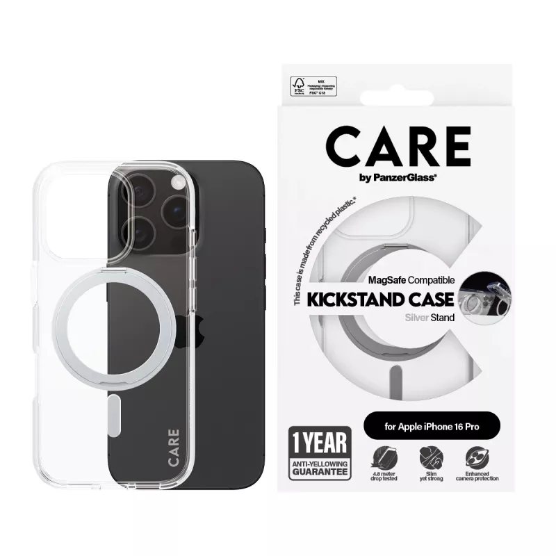 PanzerGlass CARE™ by ® Caurspīdīgs maciņš ar sudraba statīvu un MagSafe iPhone 16 Pro