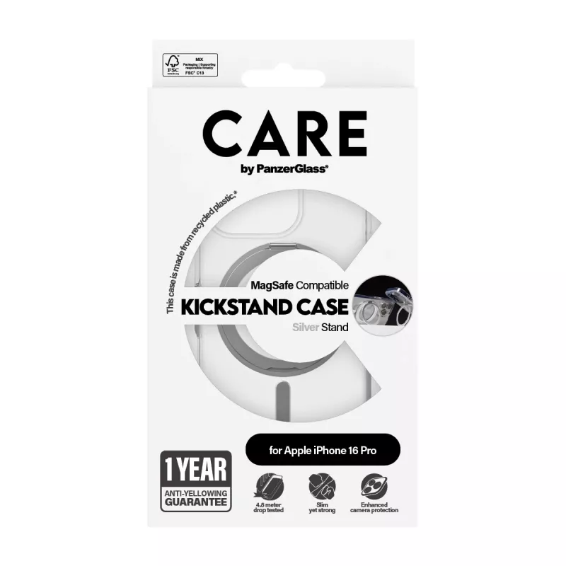 PanzerGlass CARE™ by ® Caurspīdīgs maciņš ar sudraba statīvu un MagSafe iPhone 16 Pro
