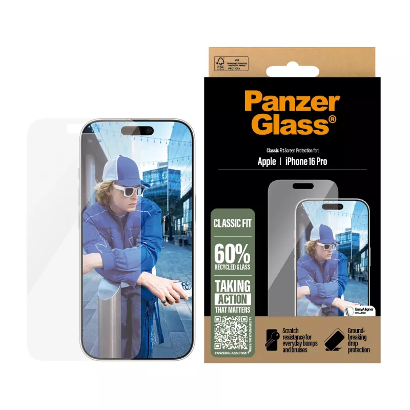 PanzerGlass ® Ekrāna aizsargs iPhone 16 Pro | Classic Fit, Apple, Apple - iPhone 16 Pro, Sausā uzklāšana, Izturīgs pret skrāpējumiem, Izturīgs pret triecieniem, Caurspīdīgs, 1 gab.