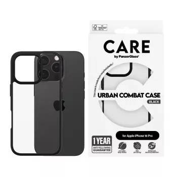 PanzerGlass CARE™ by ® Urban Combat Case caurspīdīgs ar melnu rāmi iPhone 16 Pro
