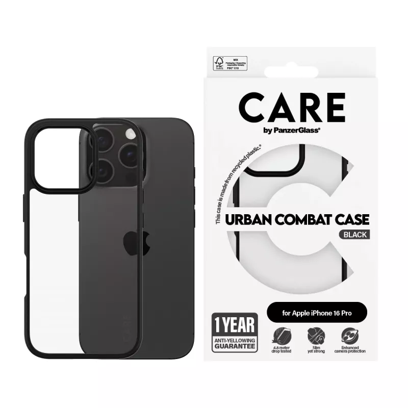 PanzerGlass CARE™ by ® Urban Combat Case caurspīdīgs ar melnu rāmi iPhone 16 Pro