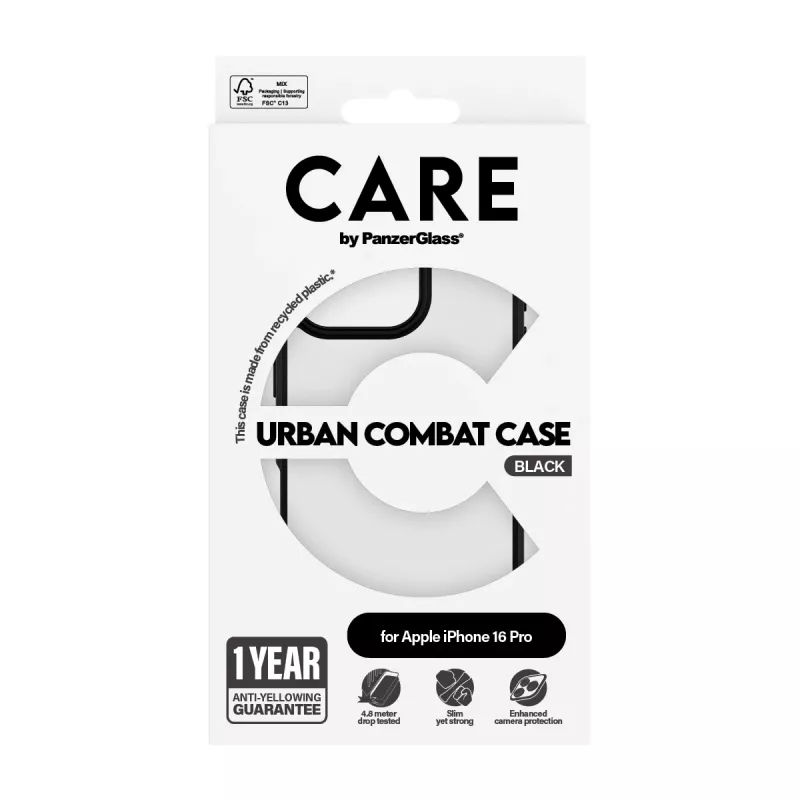 PanzerGlass CARE™ by ® Urban Combat Case caurspīdīgs ar melnu rāmi iPhone 16 Pro