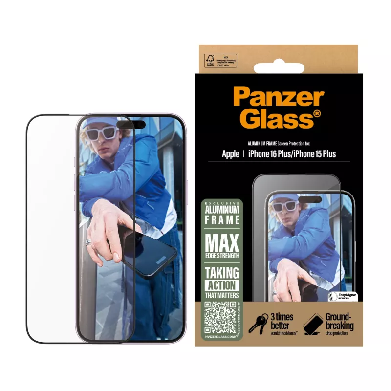 PanzerGlass ® Ekrāna aizsargs ar alumīnija rāmi iPhone 16 Plus | 15 Plus | Ultra-Wide Fit