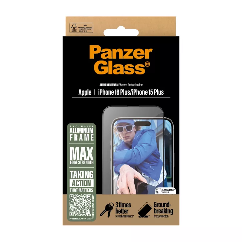 PanzerGlass ® Ekrāna aizsargs ar alumīnija rāmi iPhone 16 Plus | 15 Plus | Ultra-Wide Fit
