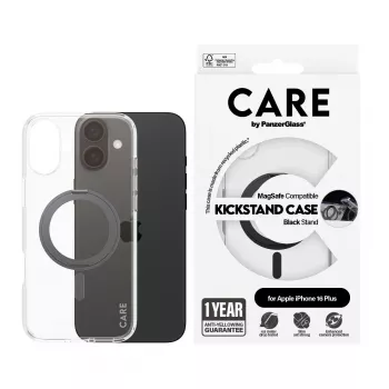 PanzerGlass CARE™ by ® Case Caurspīdīgs ar Melnu Statīvu un MagSafe iPhone 16 Plus