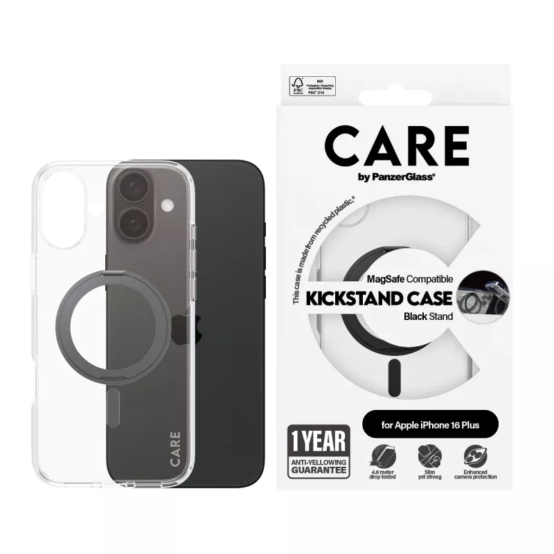 PanzerGlass CARE™ by ® Case Caurspīdīgs ar Melnu Statīvu un MagSafe iPhone 16 Plus