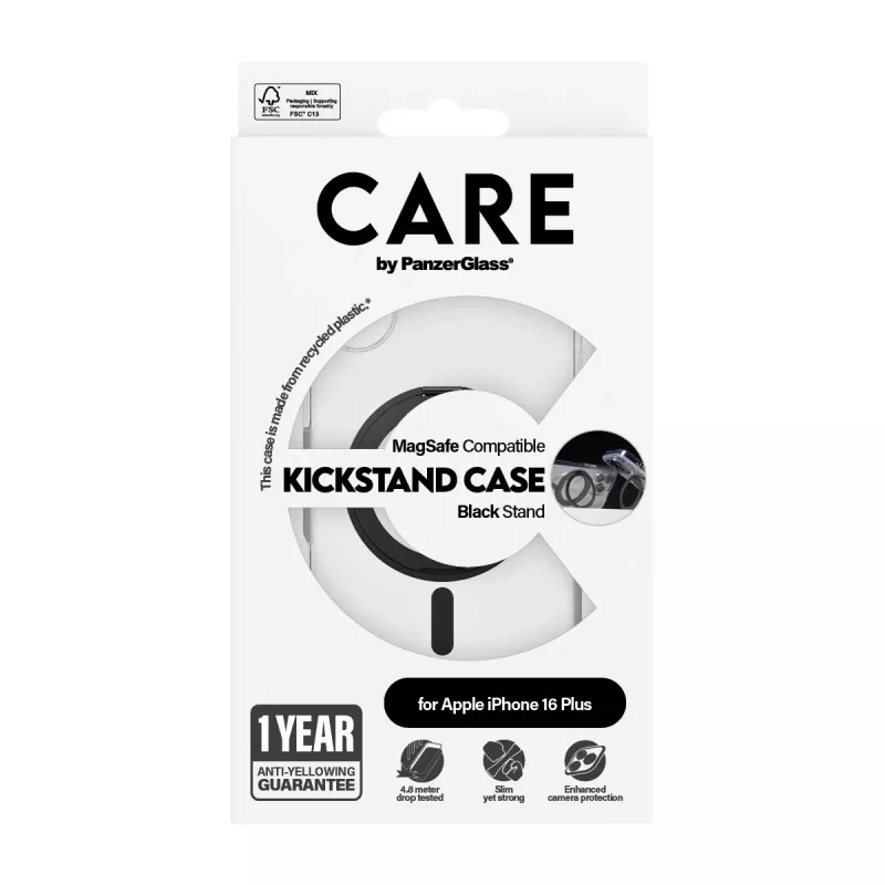 PanzerGlass CARE™ by ® Case Caurspīdīgs ar Melnu Statīvu un MagSafe iPhone 16 Plus