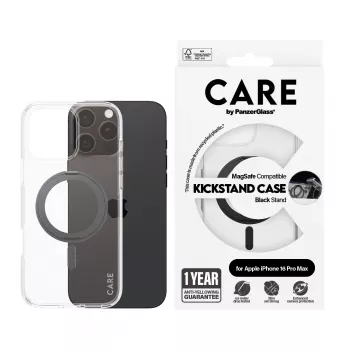 PanzerGlass CARE™ by ® Case Caurspīdīgs ar Melnu Statīvu un MagSafe iPhone 16 Pro Max