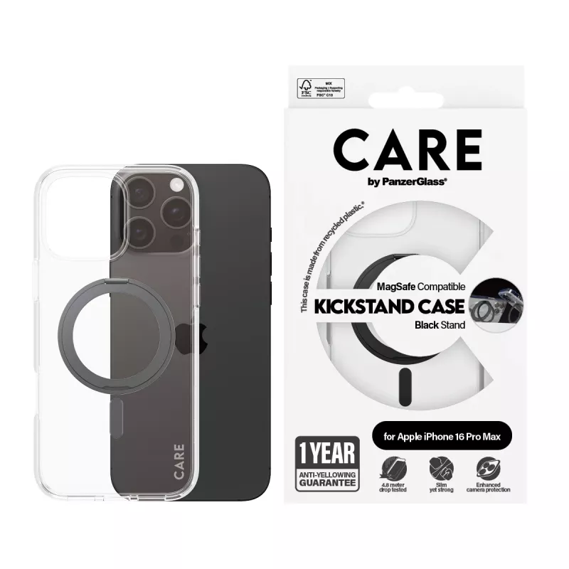 PanzerGlass CARE™ by ® Case Caurspīdīgs ar Melnu Statīvu un MagSafe iPhone 16 Pro Max