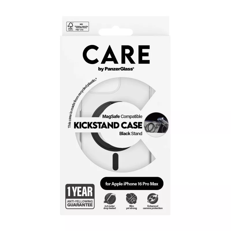 PanzerGlass CARE™ by ® Case Caurspīdīgs ar Melnu Statīvu un MagSafe iPhone 16 Pro Max