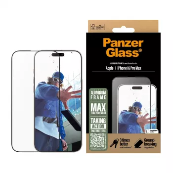 PanzerGlass ® ekrāna aizsargs ar alumīnija rāmi iPhone 16 Pro Max| Īpaši plašs pārklājums