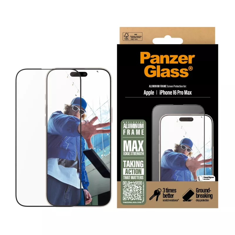 PanzerGlass ® ekrāna aizsargs ar alumīnija rāmi iPhone 16 Pro Max| Īpaši plašs pārklājums
