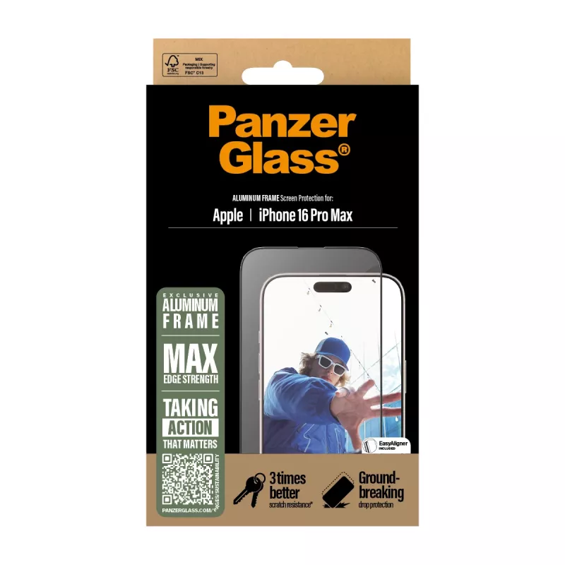 PanzerGlass ® ekrāna aizsargs ar alumīnija rāmi iPhone 16 Pro Max| Īpaši plašs pārklājums