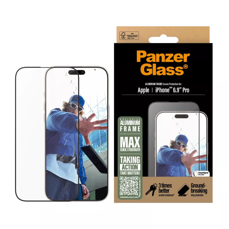 PanzerGlass ® ekrāna aizsargs ar alumīnija rāmi iPhone 16 Pro Max| Īpaši plašs pārklājums