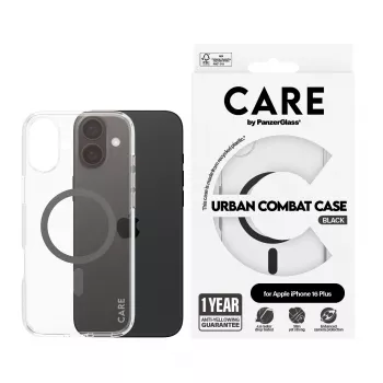PanzerGlass CARE™ by ® Urban Combat Case caurspīdīgs ar melnu MagSafe iPhone 16 Plus