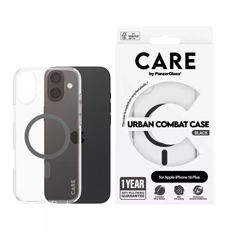 PanzerGlass CARE™ by ® Urban Combat Case caurspīdīgs ar melnu MagSafe iPhone 16 Plus