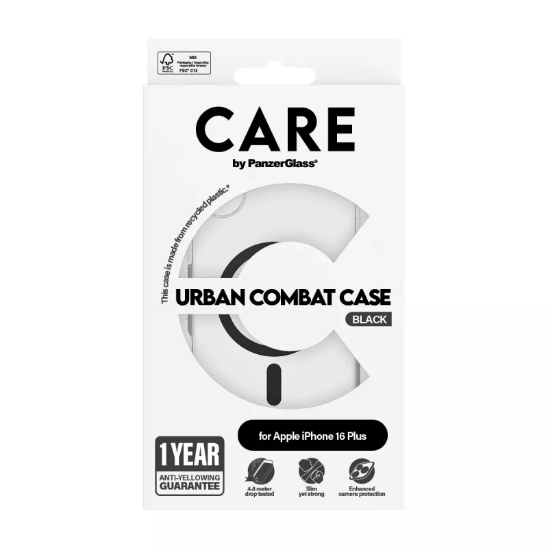 PanzerGlass CARE™ by ® Urban Combat Case caurspīdīgs ar melnu MagSafe iPhone 16 Plus