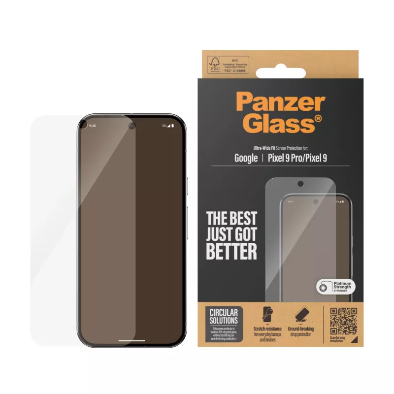 Ekrāna aizsargs PanzerGlass Google Pixel 9 | 9 Pro Ultra-Wide Fit, izturīgs pret skrāpējumiem un triecieniem