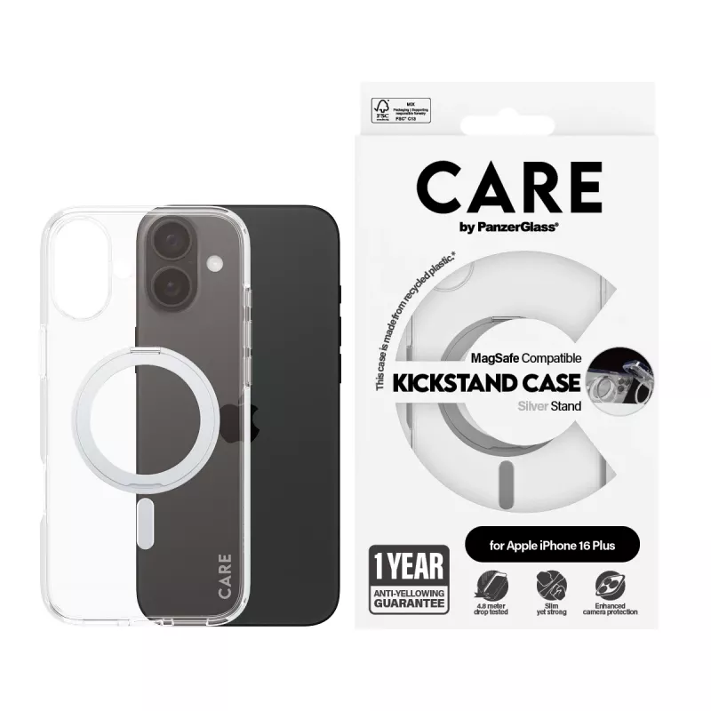 PanzerGlass CARE™ by ® caurspīdīgs vāciņš ar sudraba statīvu un MagSafe iPhone 16 Plus