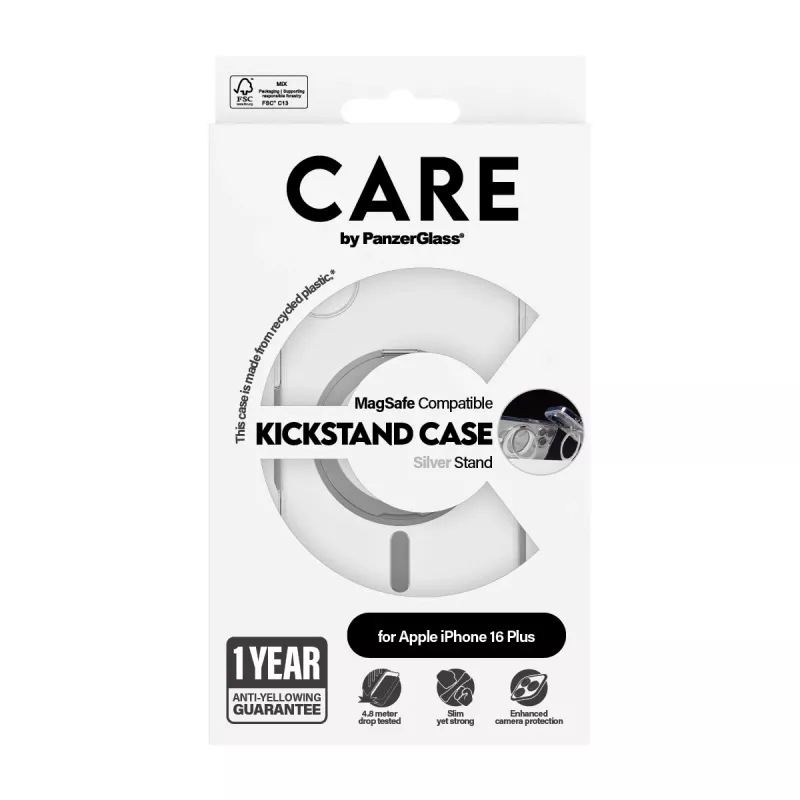PanzerGlass CARE™ by ® caurspīdīgs vāciņš ar sudraba statīvu un MagSafe iPhone 16 Plus