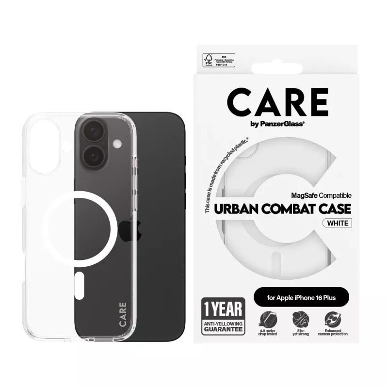 PanzerGlass CARE™ by ® Urban Combat Case Caurspīdīgs ar Baltu MagSafe iPhone 16 Plus
