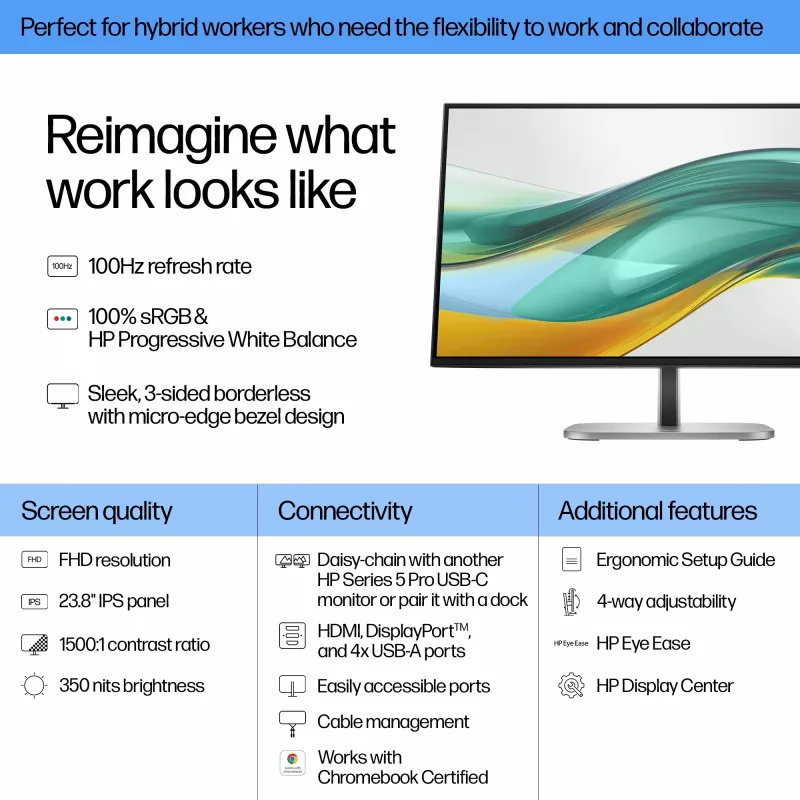 HP Series 5 Pro 23,8 collu FHD monitors - 524pf, 60,5 cm (23,8 colli), 1920 x 1080 pikseļi, Full HD, LCD, 5 ms, Melns, Sudrabs