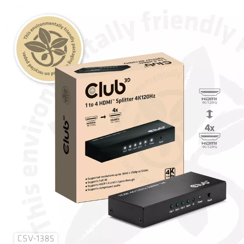 CLUB3D 1 pret 4 HDMI™ sadalītājs 4K120Hz