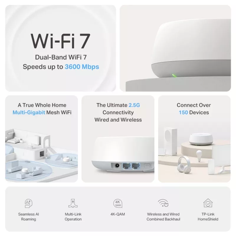 TP-Link BE3600 Whole Home Mesh Wi-Fi 7 sistēma, 2.5G Multi Gigabit