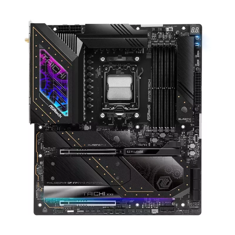 Mātesplate ASRock X870E Taichi — AMD X870E, Socket AM5, Extended ATX, DDR5, 4 DIMM, līdz 256GB, Wi‑Fi 7, 5Gb LAN