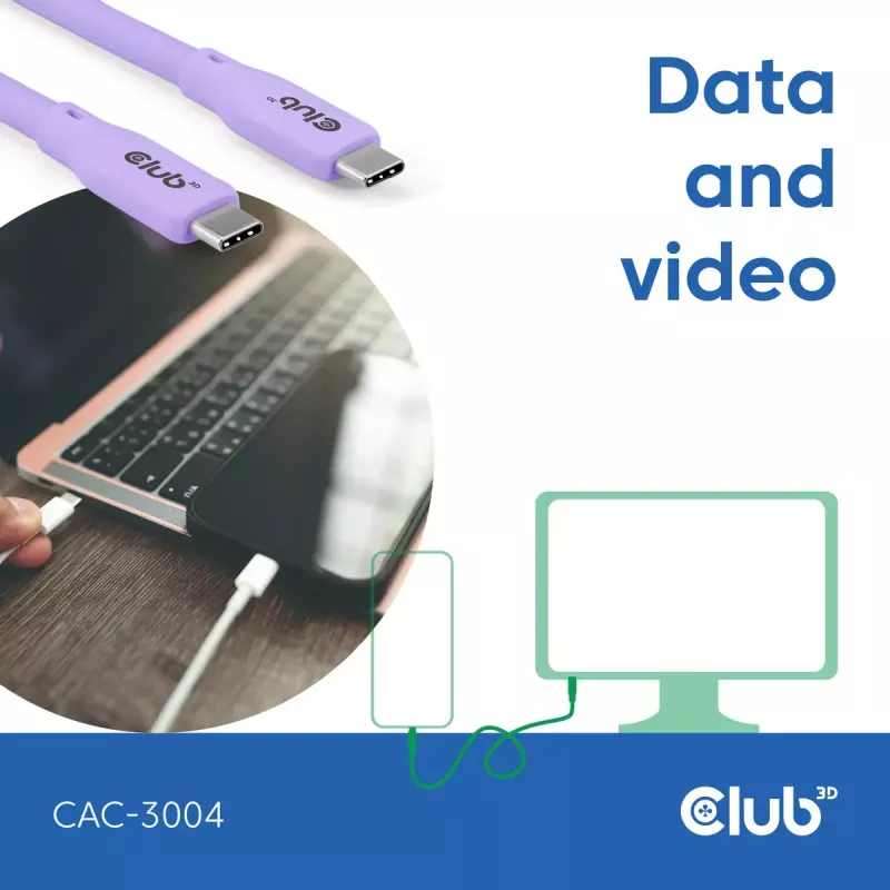USB C kabelis CLUB3D CAC-3004 2m Violeta