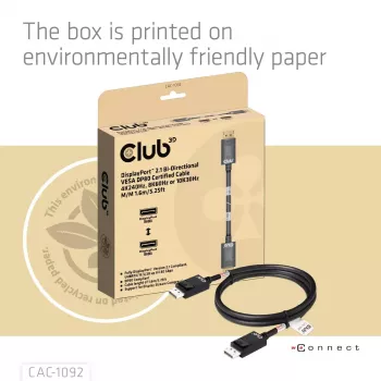 CLUB3D DisplayPort™ 2.1 Bi-Directional VESA DP80 Certified kabelis 4K240Hz, 8K60Hz or 10K60Hz M/M 1.6m/5.25ft
