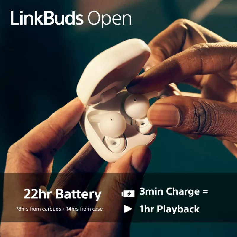 Austiņas Sony LinkBuds Open WFL910B — bezvadu Bluetooth iekšauss, 20–20 000 Hz, 10 m darbības rādiuss, 63 g, melnas