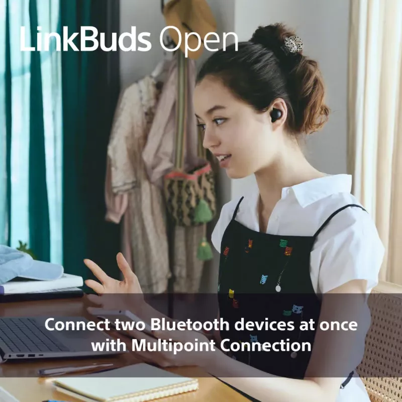 Austiņas Sony LinkBuds Open WFL910B — bezvadu Bluetooth iekšauss, 20–20 000 Hz, 10 m darbības rādiuss, 63 g, melnas