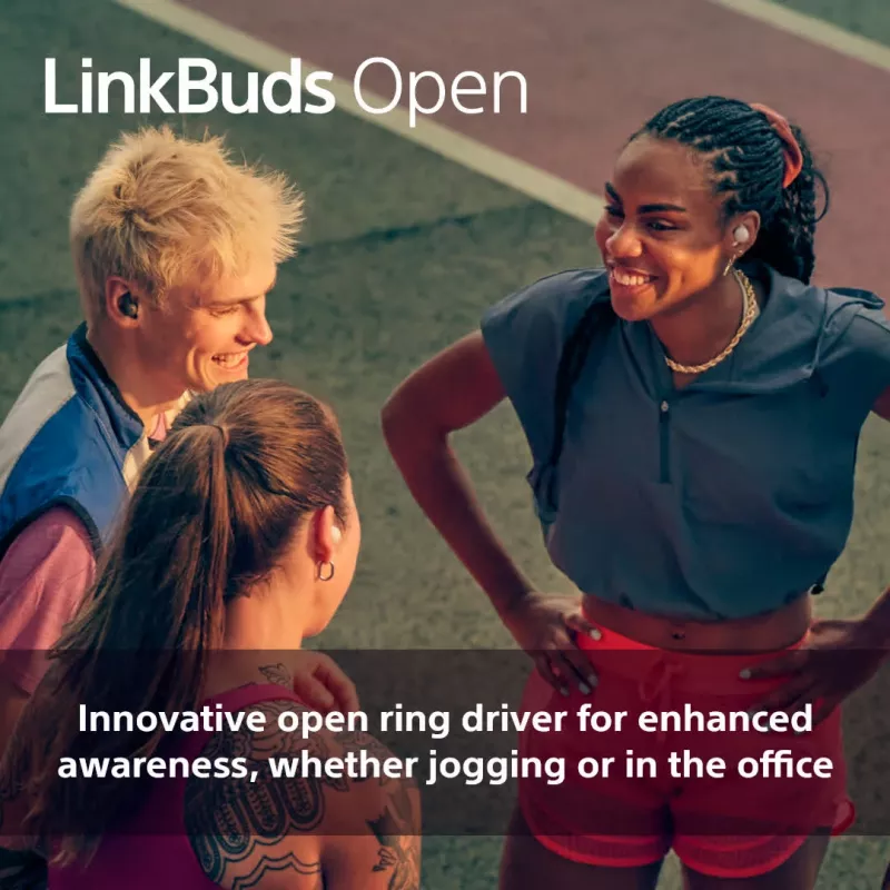 Austiņas Sony LinkBuds Open WFL910B — bezvadu Bluetooth iekšauss, 20–20 000 Hz, 10 m darbības rādiuss, 63 g, melnas