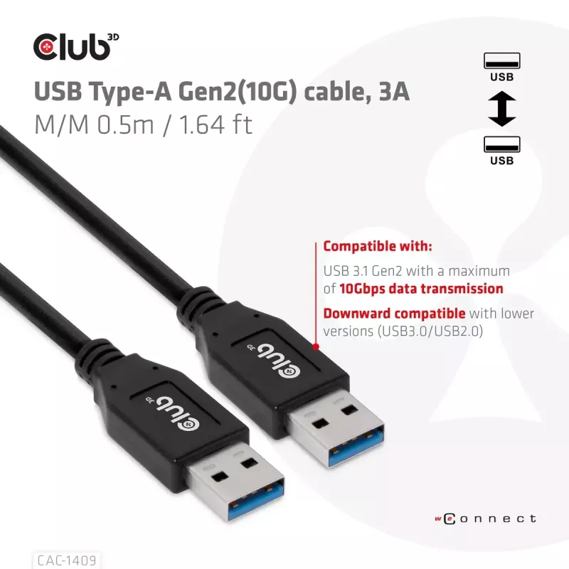 CLUB3D USB Typee-A Gen2(10G) kabelis, 3A M/M 0.5m / 1.64 ft