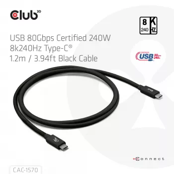 USB Type-C kabelis CLUB3D CAC-1570 1,2m — 80Gbps, 240W, atbalsta 8K@240Hz, melns