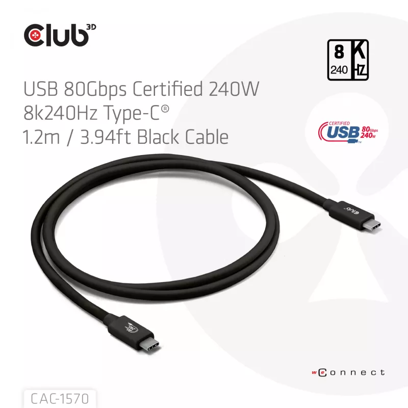 USB Type-C kabelis CLUB3D CAC-1570 1,2m — 80Gbps, 240W, atbalsta 8K@240Hz, melns