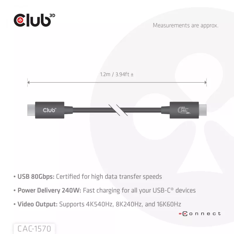 USB Type-C kabelis CLUB3D CAC-1570 1,2m — 80Gbps, 240W, atbalsta 8K@240Hz, melns