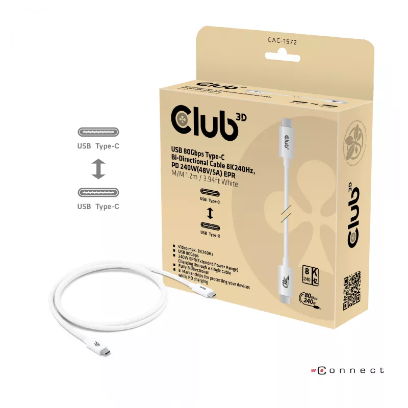 CLUB3D USB 80Gbps sertificēts 240W 8K240Hz Type-C® 1.2m / 3.94ft melns kabelis