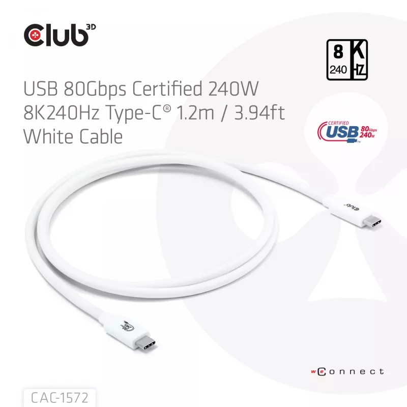 CLUB3D USB 80Gbps sertificēts 240W 8K240Hz Type-C® 1.2m / 3.94ft melns kabelis