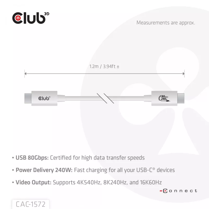 CLUB3D USB 80Gbps sertificēts 240W 8K240Hz Type-C® 1.2m / 3.94ft melns kabelis