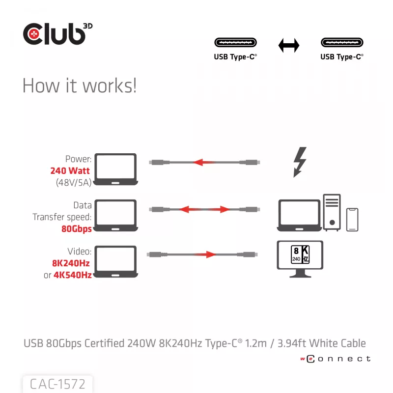 CLUB3D USB 80Gbps sertificēts 240W 8K240Hz Type-C® 1.2m / 3.94ft melns kabelis