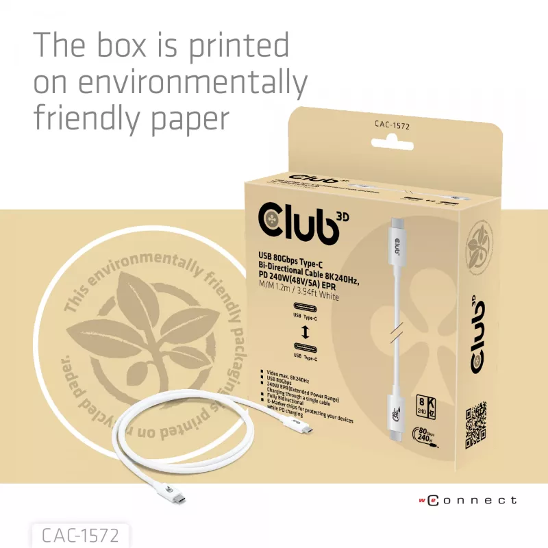 CLUB3D USB 80Gbps sertificēts 240W 8K240Hz Type-C® 1.2m / 3.94ft melns kabelis