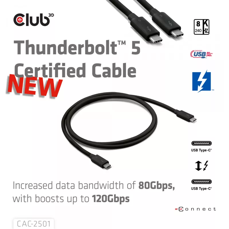 CLUB3D Thunderbolt™ 5 sertificēts 8K240Hz datu 80/120 Gbps EPR 240 vatu kabelis M/M 1m / 3.28 pēdas