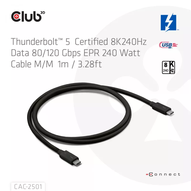 CLUB3D Thunderbolt™ 5 sertificēts 8K240Hz datu 80/120 Gbps EPR 240 vatu kabelis M/M 1m / 3.28 pēdas
